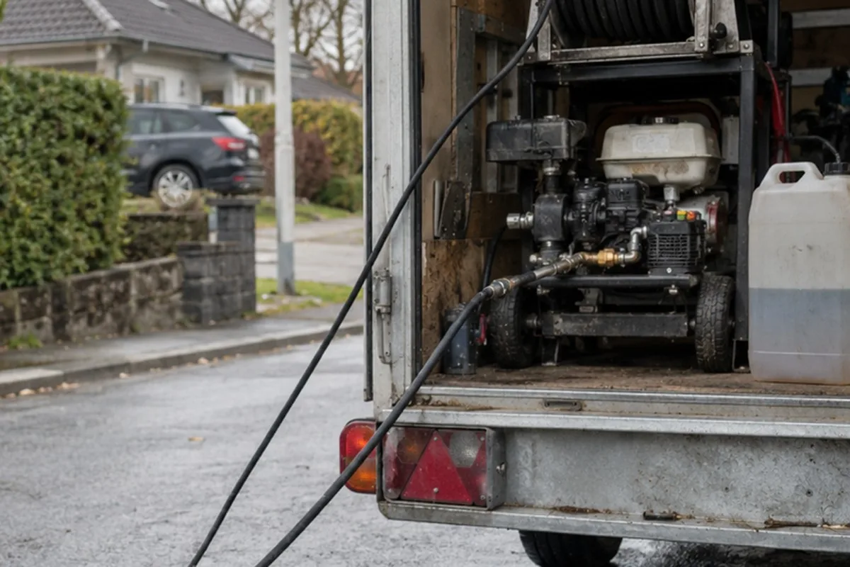 Open work trailer with a gas pressure washer, hose reel and a chemical jug on a wet street