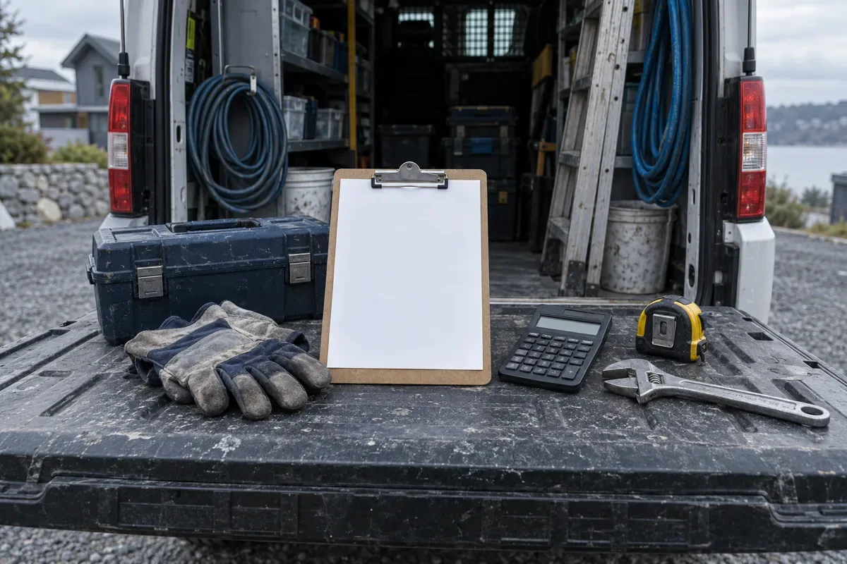 Open work van with tools, a blank clipboard and calculator on the tailgate