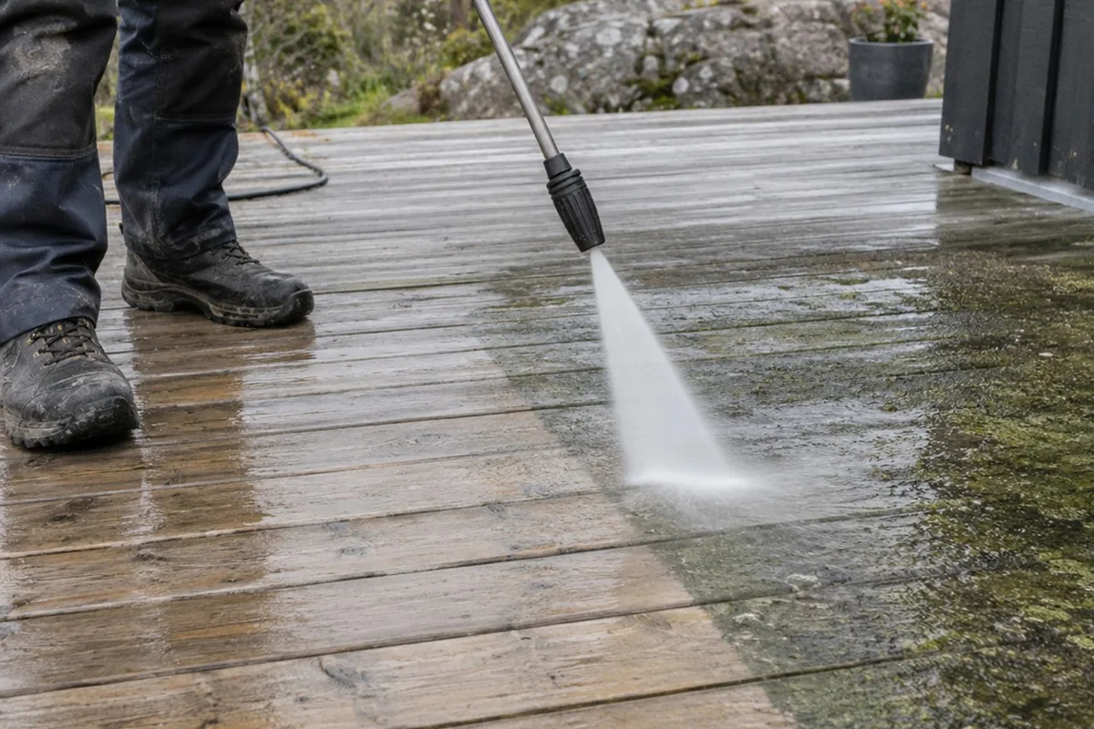 Pressure washer wand cleaning a clean strip into a grey weathered wooden deck