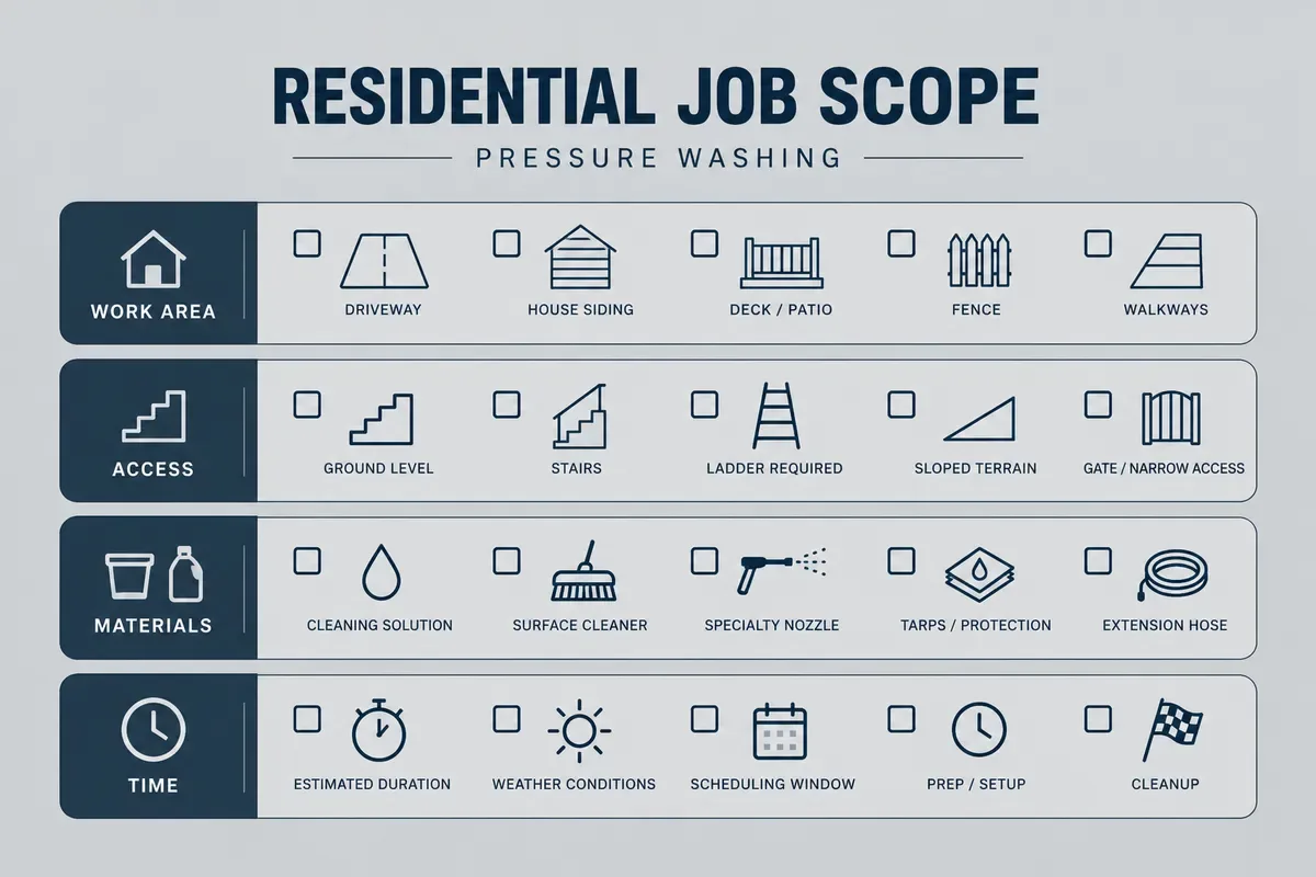 Pressure washing job scope checklist with rows for work area, access, materials and time