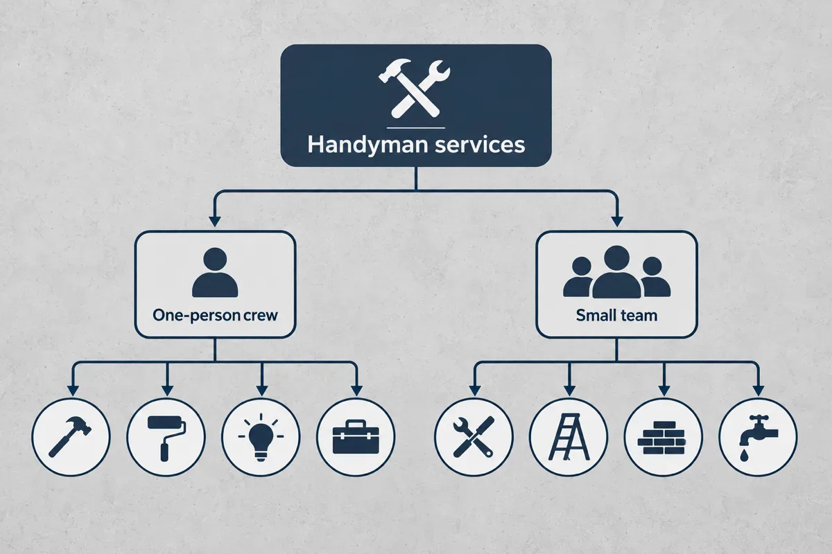 Project scope diagram branching into one-person crew and small-team tasks