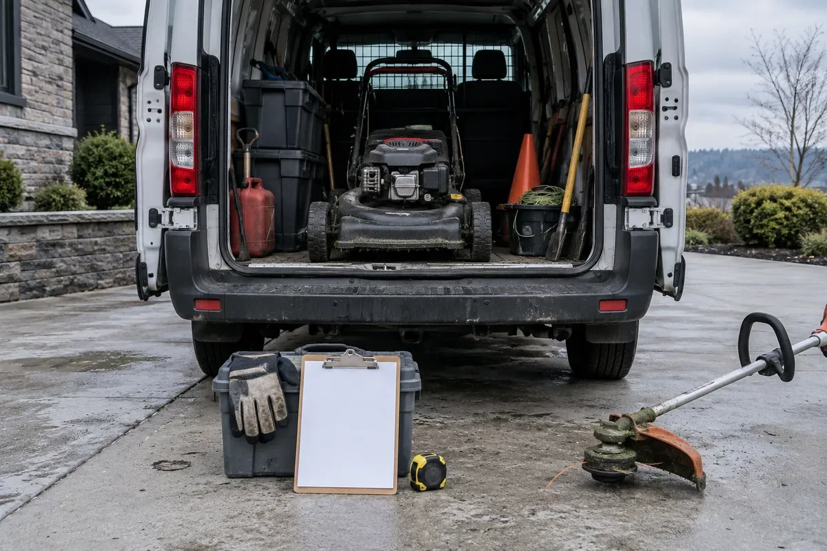 Push mower and tools in an open service van, with gloves, a blank clipboard, tape measure and trimmer on the driveway