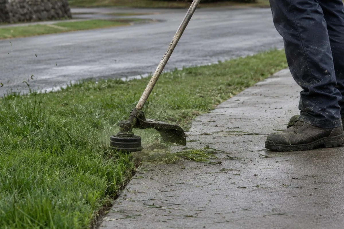 String trimmer edging grass along a concrete sidewalk