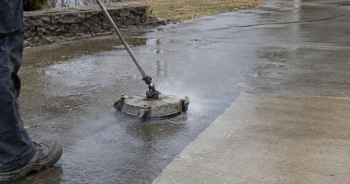 Surface cleaner on a pressure washer wand cleaning a wet concrete driveway