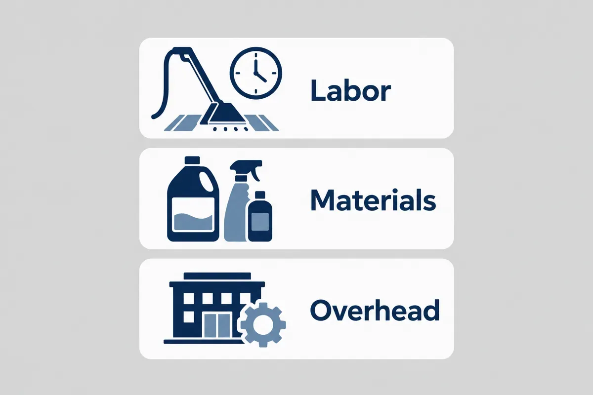 Three cost categories shown with icons: labor, materials and overhead