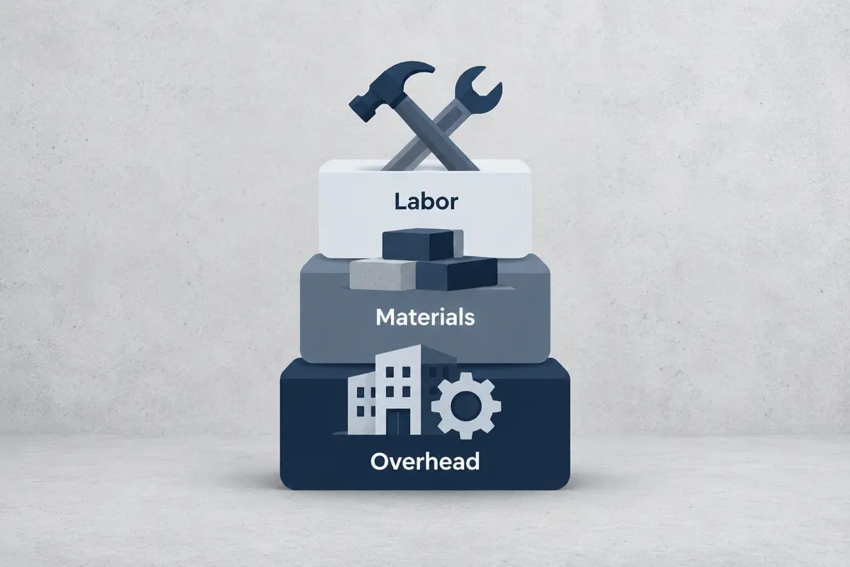 Three stacked blocks labeled labor, materials and overhead