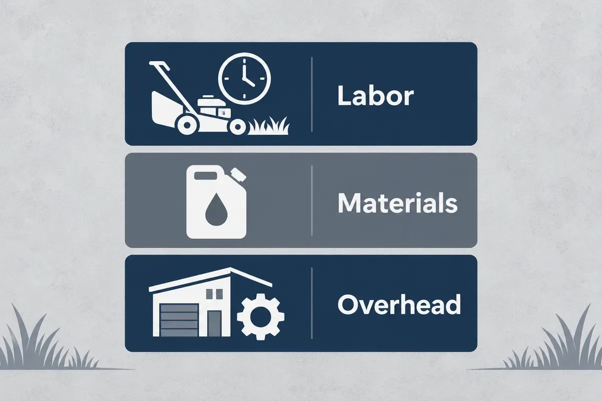 Three stacked panels labeled labor, materials and overhead with mower, fuel can and workshop icons