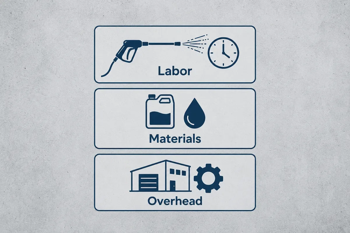 Three stacked panels labeled labor, materials and overhead, with spray wand, chemical jug and building icons