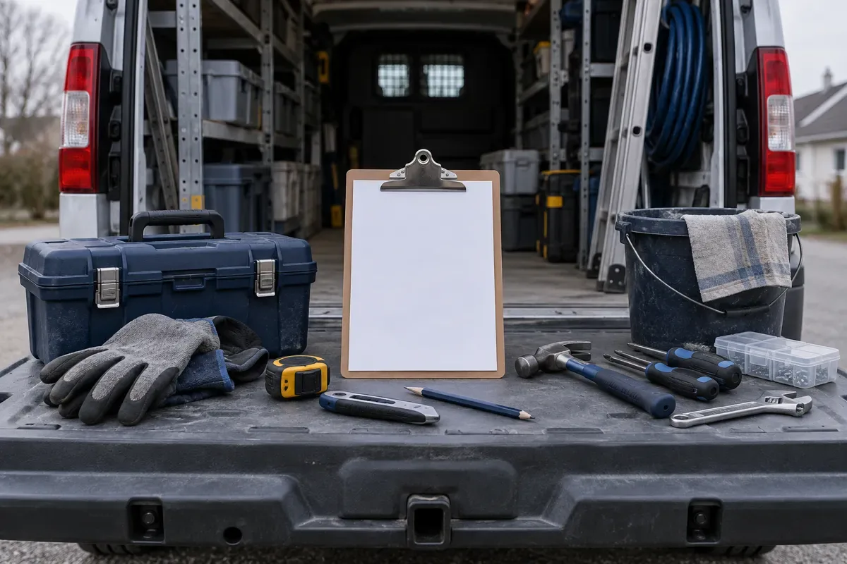 Tools and a blank clipboard on the open tailgate of a work van