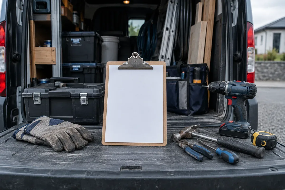 Tools and a blank clipboard on the open tailgate of a work van