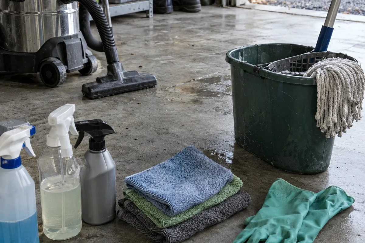 Vacuum, mop bucket, spray bottles, folded microfiber cloths and rubber gloves on a garage floor