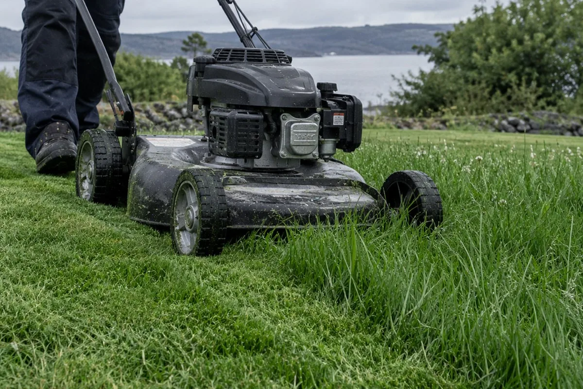 Walk-behind mower cutting tall grass with stripes in the lawn behind it