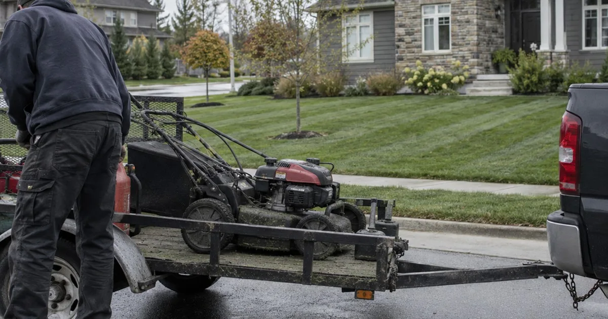 Walk-behind mower on a utility trailer at the curb in front of a freshly striped lawn