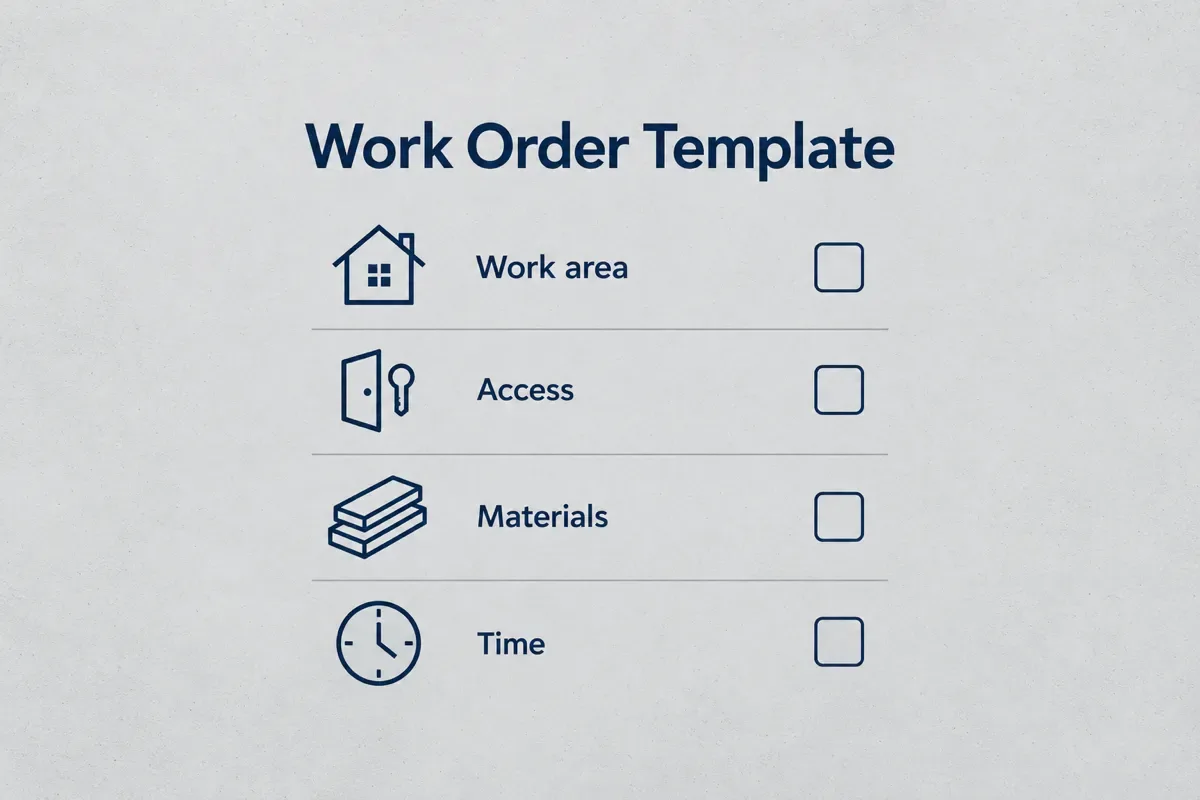 Work order template checklist with work area, access, materials and time rows and empty check boxes