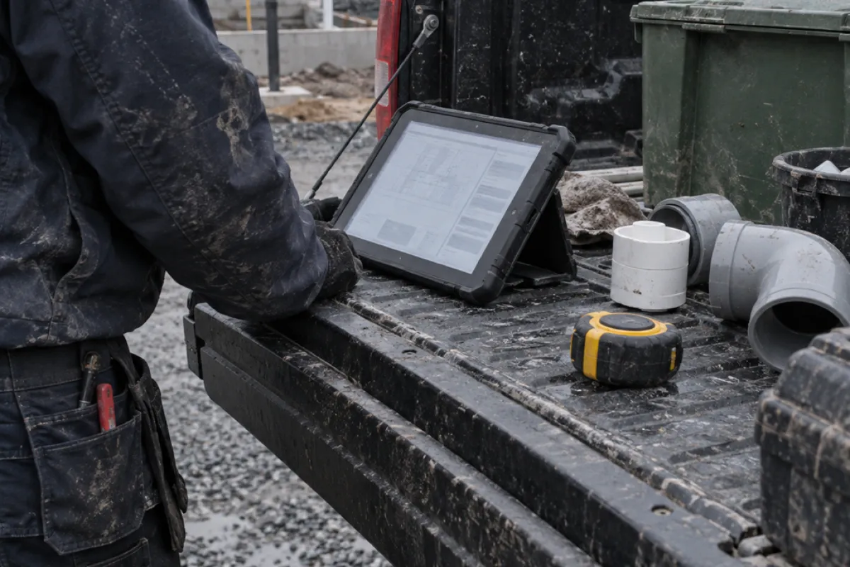 Tablet and measuring tools on a scratched tailgate