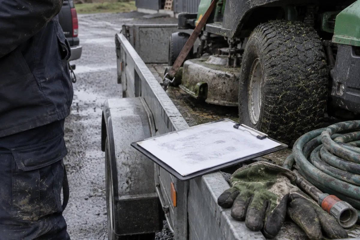 Agreement clipboard and grass-stained gloves on a mower trailer