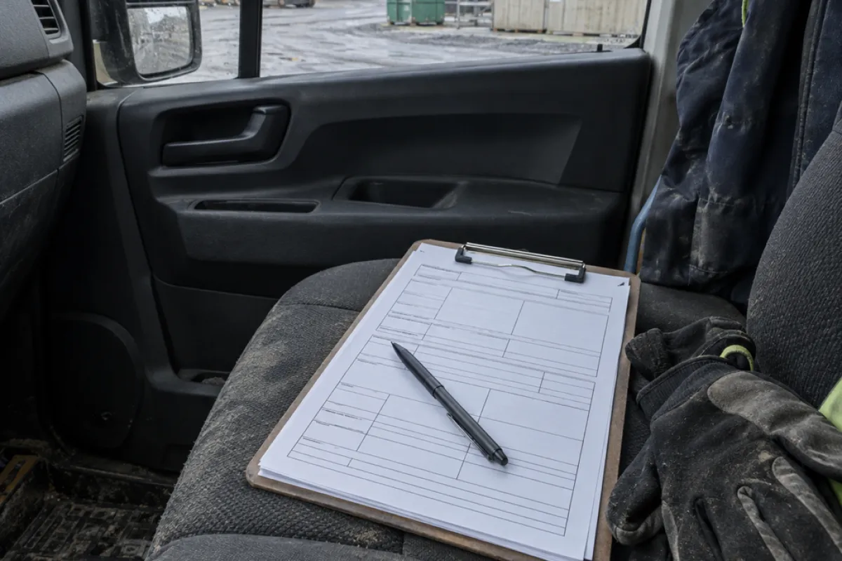 Clipboard and work gloves on a worn truck seat