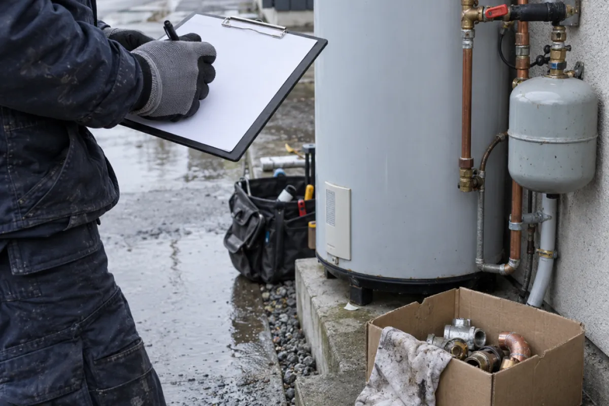 Work clipboard and replacement parts beside a water heater
