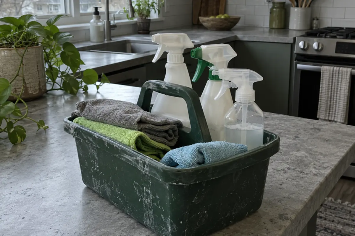 Cleaning caddy and cloths on a kitchen counter