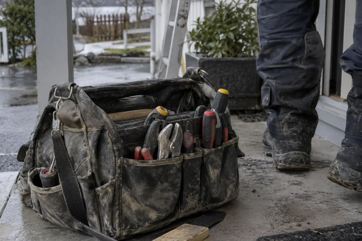 Handyman tool bag with hand tools on a porch