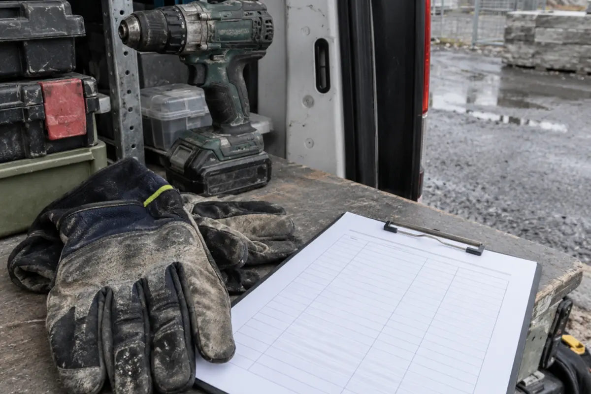 Work gloves and tools inside a service van