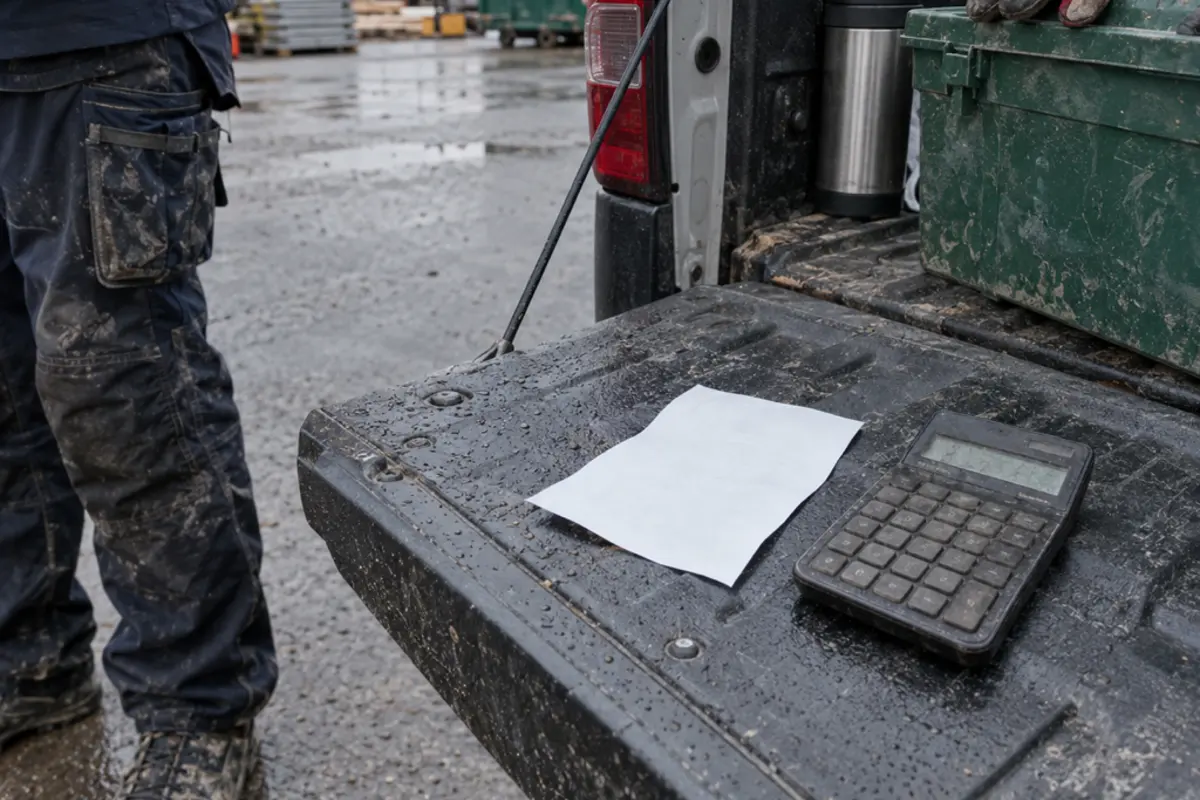 Calculator and paper on a pickup tailgate