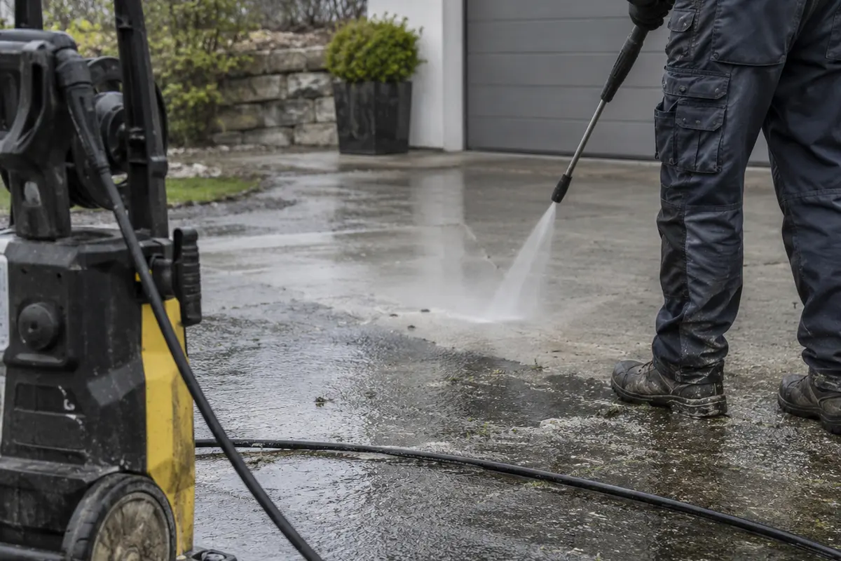 Pressure washer beside a wet concrete driveway